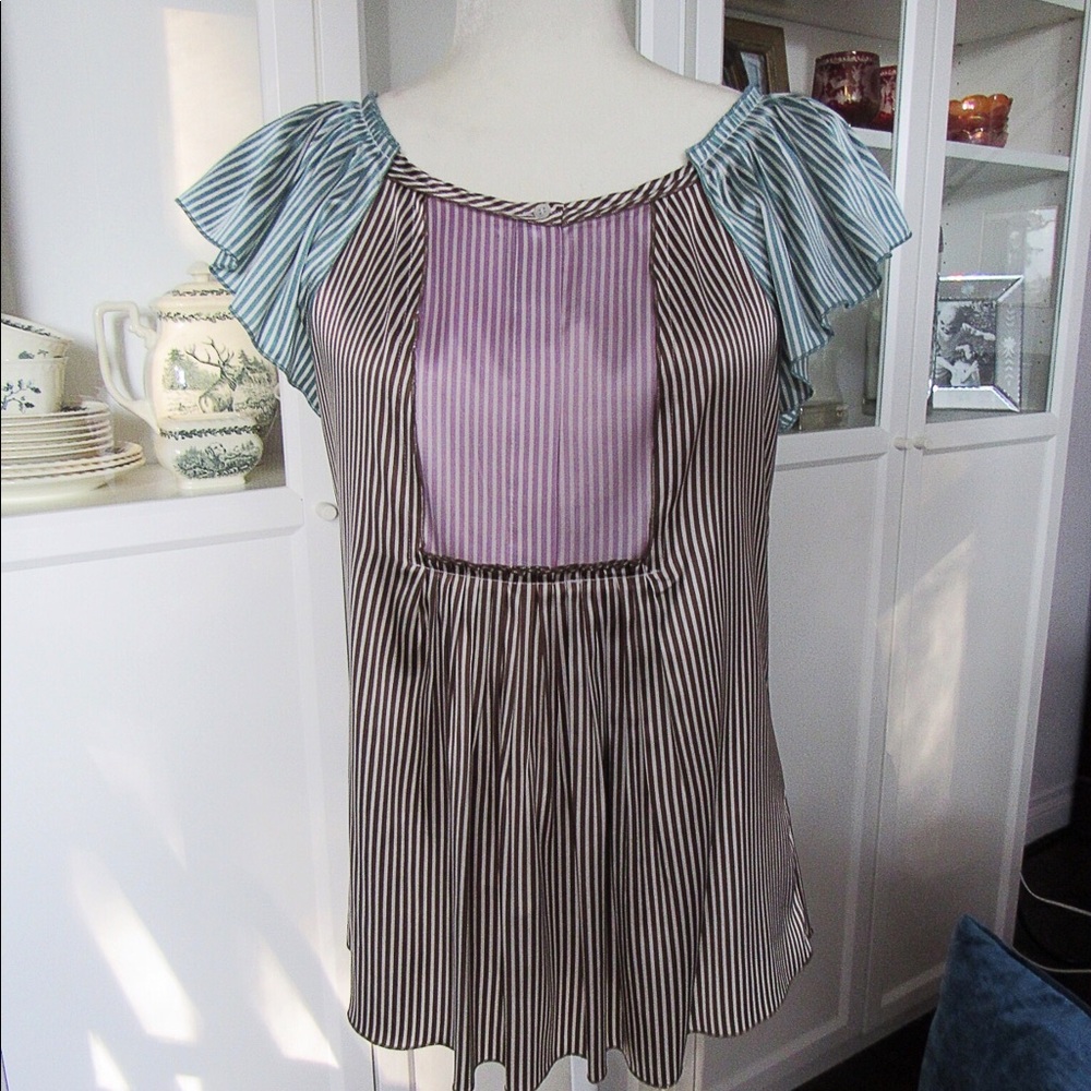 BCBG silk pastel striped flutter sleeve blouse NWT